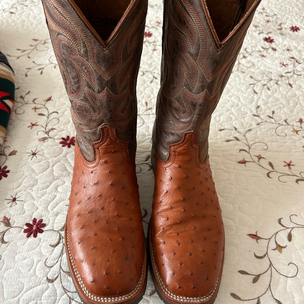 Lucchese Tan and Brown/Cognac Ostrich Western Boots